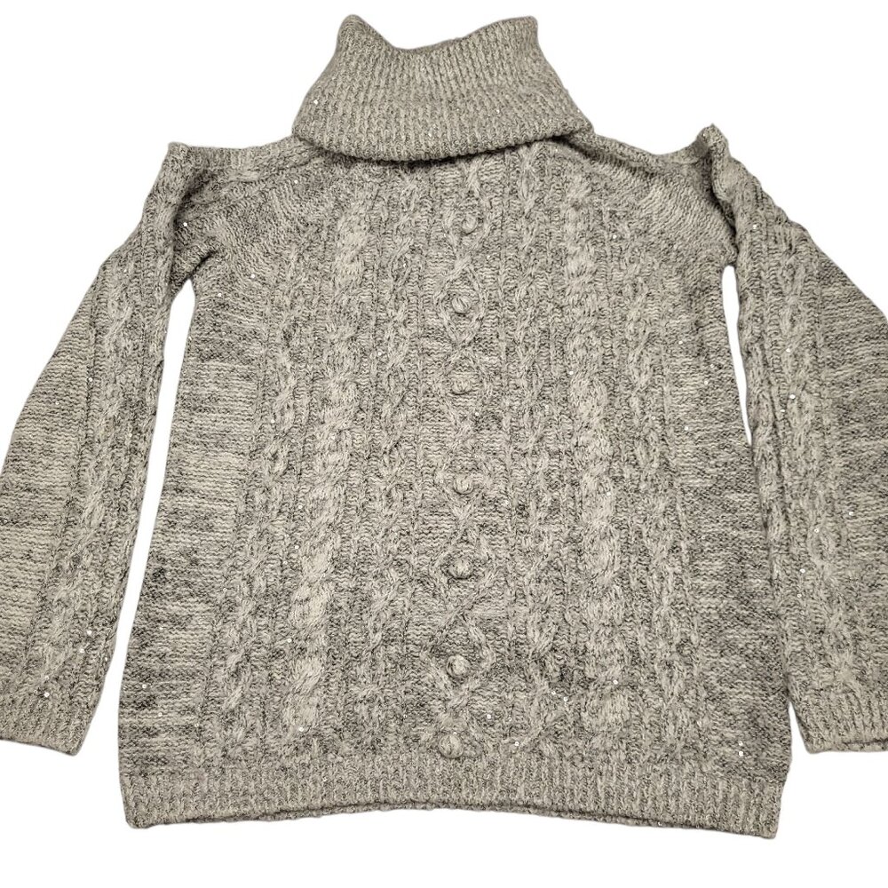 Chelsea28 Sequin Cold Shoulder Sweater Size S Gray Cable Knit
